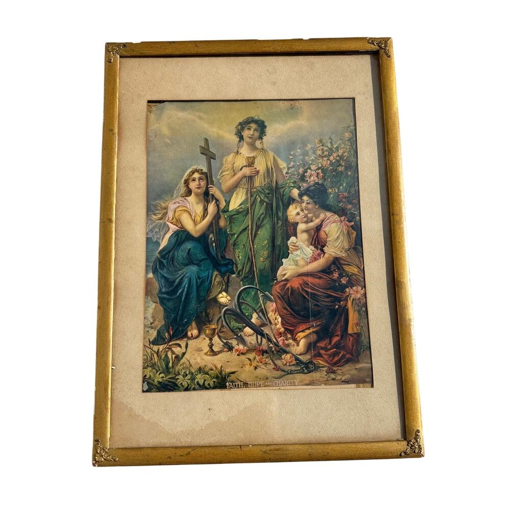 Antique Ornate Framed Lithograph Print Picture Faith Hope & Charity Women Baby